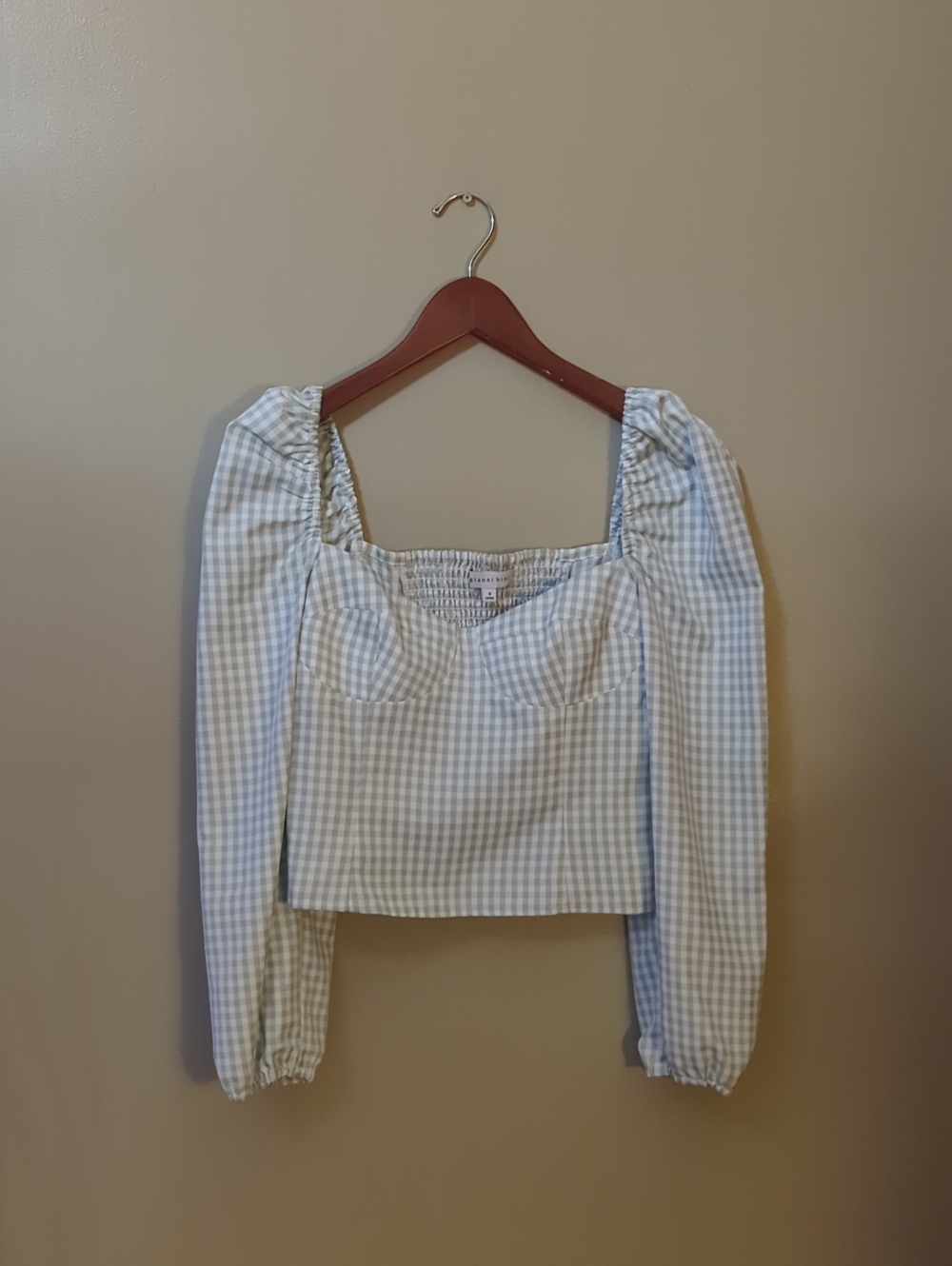 Gianni Bini Light Blue Gingham Puff-Sleeve Square-Neck Top